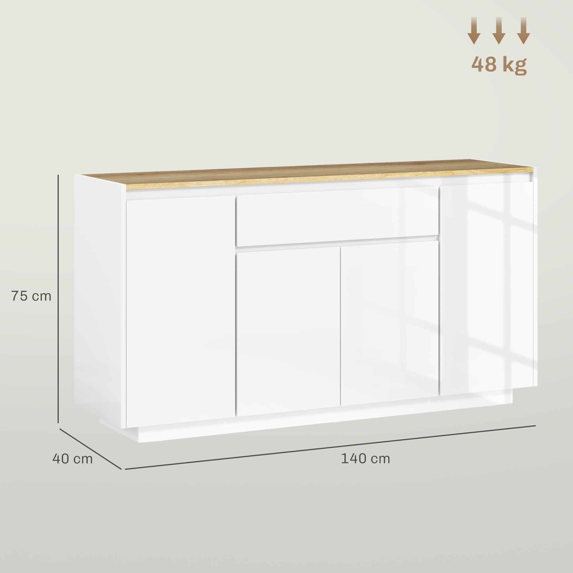 HOMCOM Credenza Cucina con 3 Armadietti a 4 Ante, Mobile Cucina Moderna con Cassetto, Ripiano Regolabile e Ante Soft-Close, Madia in Legno MDF per Soggiorno, Sala da Pranzo, 140x40x75 cm, Bianco
