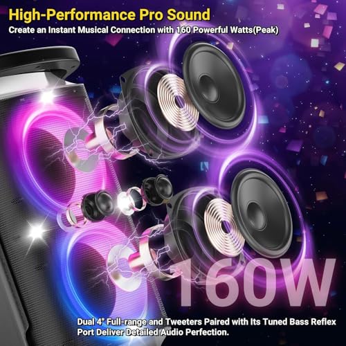 TPBEAT Portable Bluetooth Party Speaker: 160W Peak Powerful Loud Sound Deep Bass Wireless Boombox Large Subwoofer 15 Hours Battery Life Fast Charging with Led Light Show for Outdoor Camping Backyard