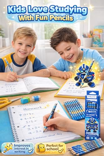 Image of Mech Warrior Kids Pencil Set HB - 12 Pack Student Writing Pencils with Eraser, Dark Smooth Lead, Easy Grip Hexagonal School Pencils for Boys Girls, Handwriting Practice & Return Gifts
