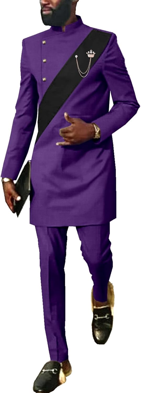 SEA&ALP African Men Dashiki Outfit 2 Piece Suit Shirt and Pants Set Slim Fit Wedding Dress Attire Clothing