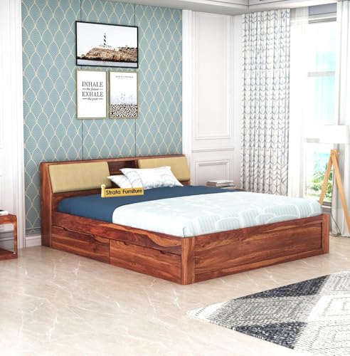 Image of STRATA FURNITURE Sheesham Wood King Size Bed with Drawer Storage Solid Wood Double Bed Palang | Wooden Bed for Bedroom Living Room Furniture (Honey Finish)