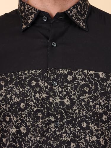 Image of Men's Slim Fit Printed Cotton Party Shirt Black