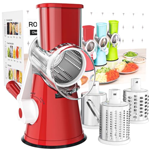 Image of Rotary Cheese Grater Shredder Chopper Round Tumbling Box Mandoline Slicer Nut Grinder for Vegetable, Hash Brown, Potato with 3 Sharp Drums Blades and Strong Suction Base by Valuetool