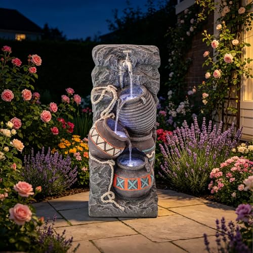 Image of Earthenware Jar Outdoor Water Fountain, Resin with LED, 24.4 in