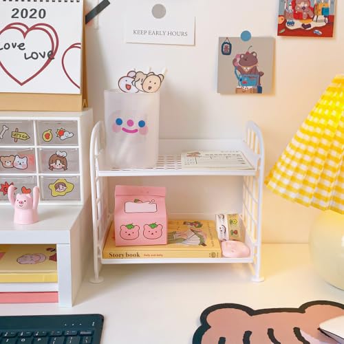 Image of 2 Pcs Desktop Rack Cosmetic Stationery Storage Holder, 2-Tier Multifunctional Plastic Shelf Makeup Organizer for Skincare Office Kitchen Bedroom Bathroom Home (Pink + White)