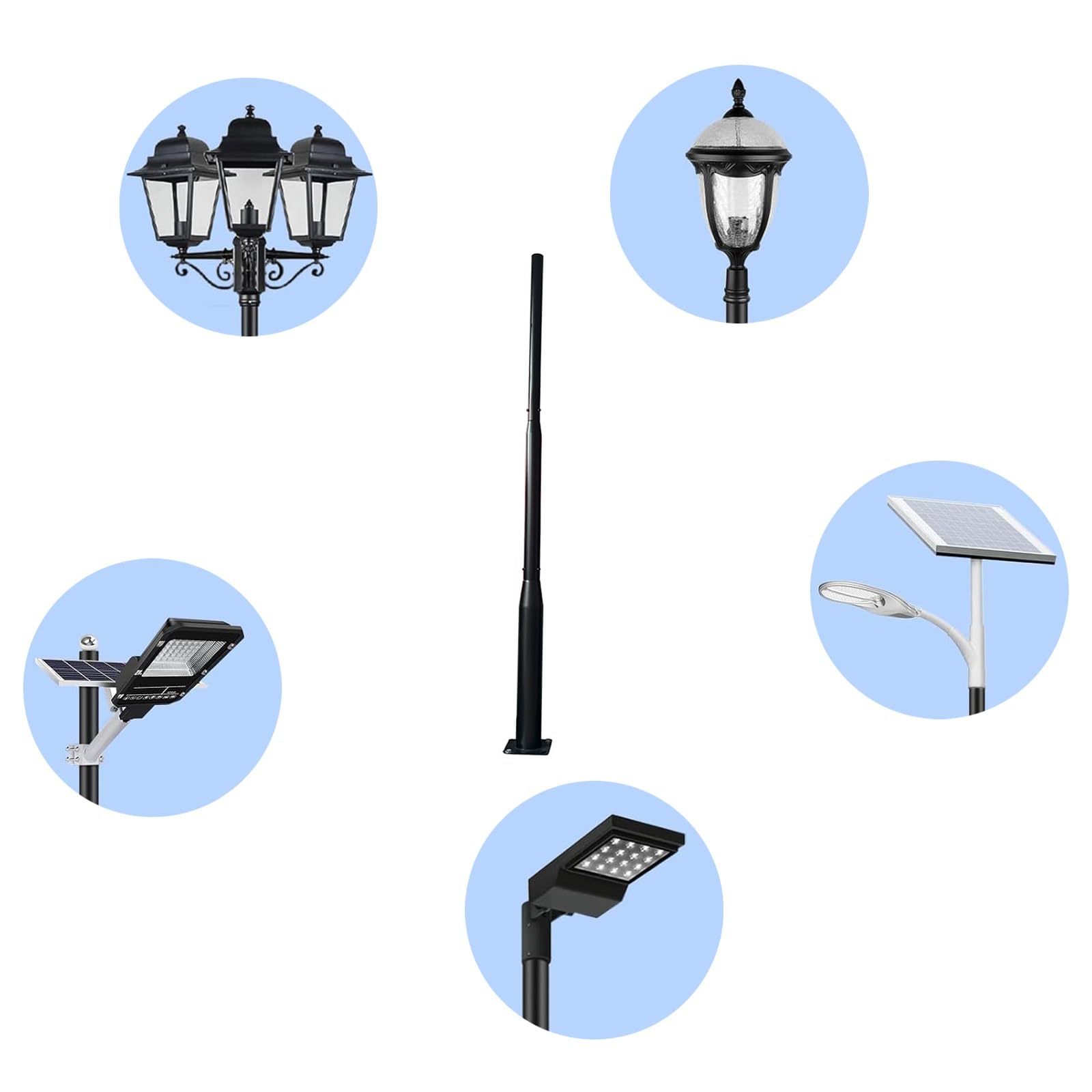 Słupy oświetlenia ulicznego do oświetlenia zewnętrznego, lampy solarnej, słupy metalowe, z montażową podstawą klatki naziemnej, na podwórko, ulicę, patio, parking, parking
