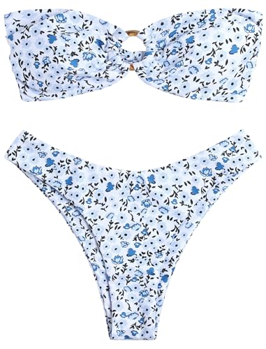 Image of ZAFUL Women's Bandeau Bikini O Ring Strapless Tie Back High Cut Two Piece Swimsuit Bathing Suits