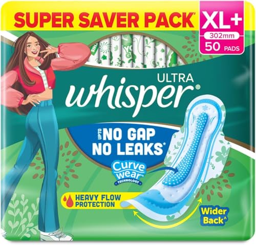 Whisper Ultra Upto No Gap No Leaks* Sanitary Pads, 50 XL+ Pads, For Heavy Flow Protection, With CURVEWEAR Technology, Cotton Like Softness, Disposable