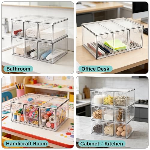 Image of Prsildan Acrylic Makeup Organizer Stackable Storage Drawers with 3 Drawers for Office Desk Vanity Craft Room Clear Drawer Organizers for Hair Accessories Art Supplies Cosmetics Modular System