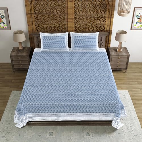 Image of BLOCKS OF INDIA Hand Block Printed 200 TC Cotton Super King Size Bedsheet (Blue DOT)