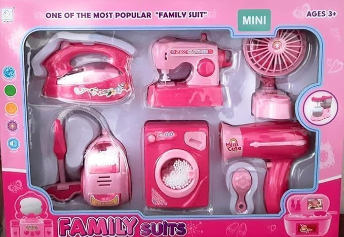 6-in-1 Kitchen Utility Play Set for Kids | Mini Washing Machine, Sewing Machine, Vacuum Cleaner, Hair Dryer, Fan & Household Appliances ,Pretend Play Toy Kit with Lights for Boys & Girls-image-0