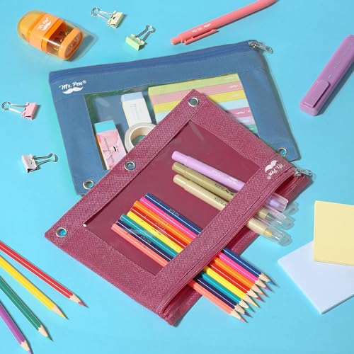 Image of Mr. Pen- Pencil Pouch for 3 Ring Binder, 2 Pack, 10 inchx6.75 inch, Smooth Zipper | Clear Window, Large Capacity Pencil Case with 3 Reinforced Grommets for School, Office, Supplies Storage | Clear Window, Large Capacity Pencil Case with 3 Reinforced Grommets for School, Office, Supplies Storage
