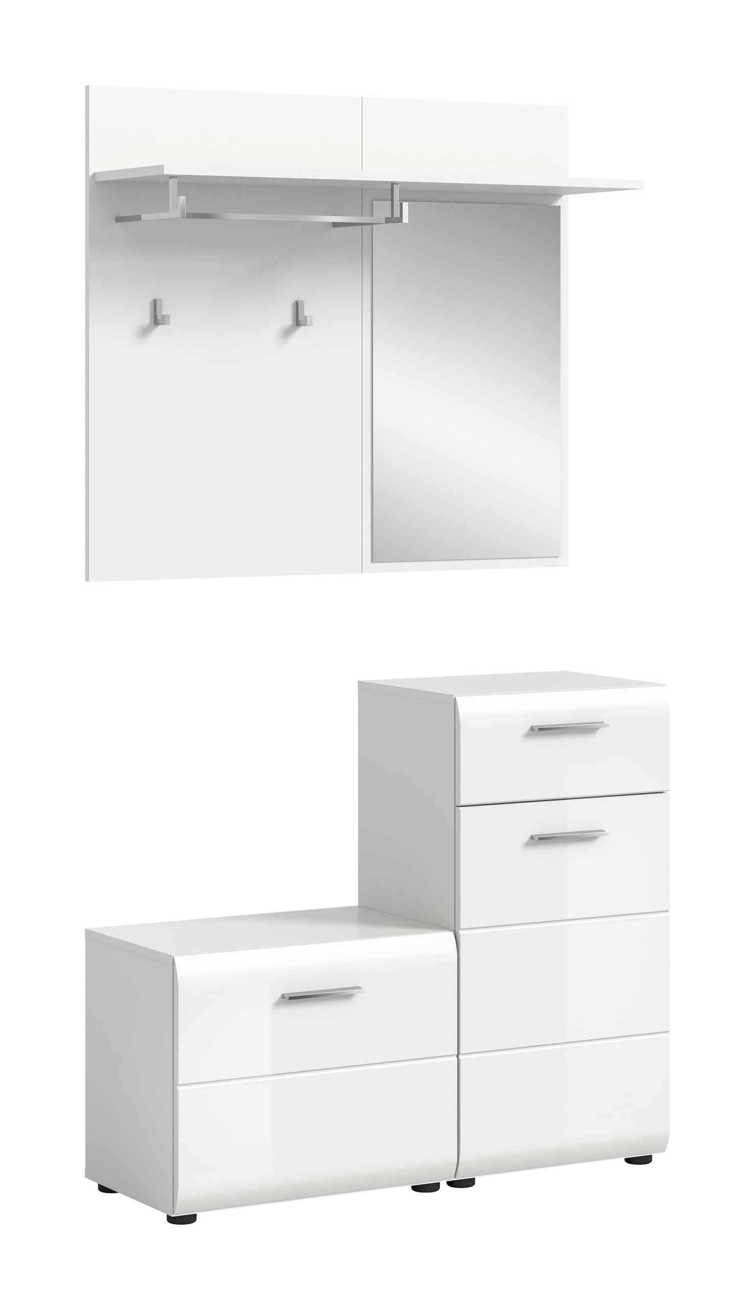 xonox.home - Garderobenkombination Ice 4 teilig 98x191x35 cm in Korpus weiß und Front weiß Hochglanz - Garderobenschrank Garderobenset Flurmöbel-Set Flursystem Stauraumlösung