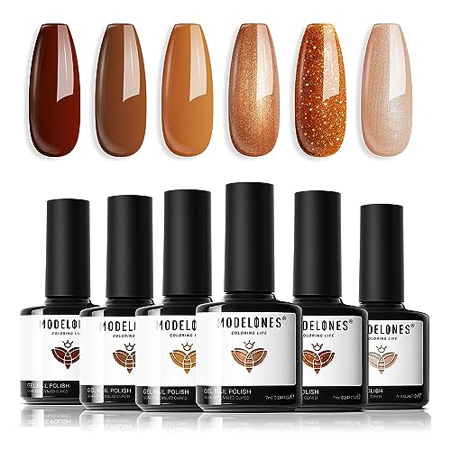 Image of modelones Gel Nail Polish Set, 6 Colors Pearl Nude Brown Shimmer Glitter Gel Polish Kit, All Seasons Soak OFF LED Manicure Salon DIY Gift