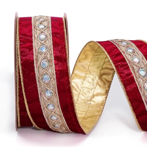 LaRibbons Reversible Red Velvet Ribbon Wired, 2.5 Inch x 10 Yards Jewelry Red and Gold Velvet Ribbon for Christmas Tree, Gift Wrapping, Wreath Bow, Outdoor Decoration