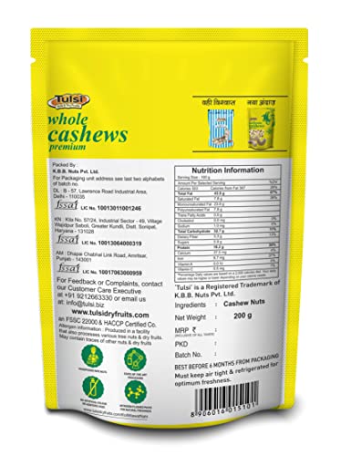 Image of Tulsi Whole Cashew Premium (Grade W320) 200g | Handpicked Kaju Nuts | Premium Cashew Nuts | Raw Cashews | Rich in Protein | Source of Dietary Fiber | Whole Kaju | Farm Sourced
