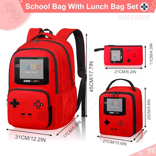 Game Backpack Set for Boys Kids, Gaming Kids Boys Backpack with Lunch Box and Pencil Bag, Large Capacity Game School Bag 17"3