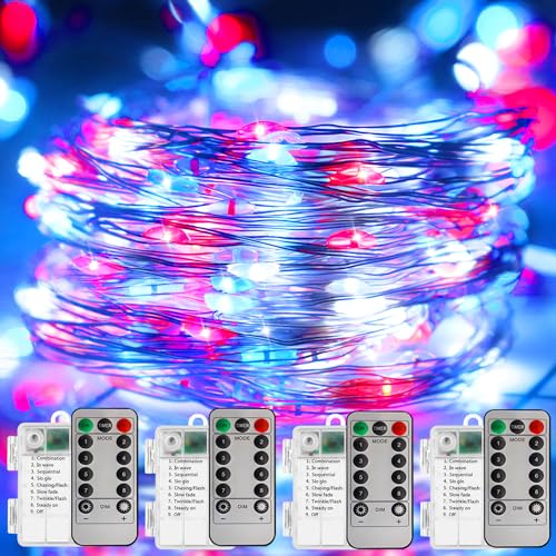 Image of Curyidy 4th of July Decorations Fairy Lights, Red White Blue 100LED Copper String Lights Battery Operated Remote Control for Patriotic Independence Memorial Day Decorations-4 Pack