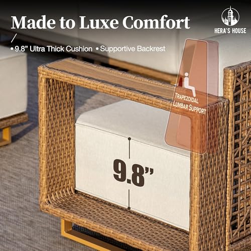 Image of HERA'S HOUSE 6 Pieces Patio Furniture Set with Swivel Chairs & Fire Pit, Outdoor Sectional Rattan Wicker Sofas with 10 inch Thick Cushion, Low Profile Lawn Deck Furniture with Wide Armrest
