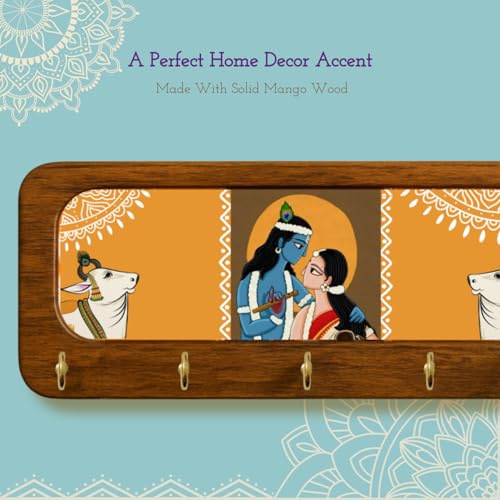 Image of Stylish Wooden Key Holder for Wall | Cute Key Holder for Home Decor | Key Holder Stand with 5 Hooks | Wall Mounted Key Hanger| (Radha Krishna Keyholder Orange)
