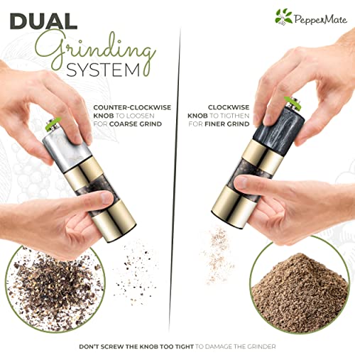 Peppermate Salt and Pepper Grinder Set - Easily Refillable Stainless Steel Pepper Mill Grinder with Real Marble Finish Top, Ceramic Blades, Adjustable Coarseness (Dark and White Set)