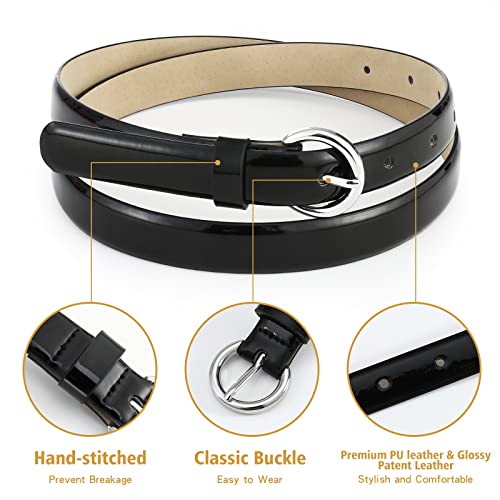 Black Patent Leather Thin Belts for Women - Silver Waist Belts for Womens Dress, Skinny Women Belt for Jeans 2 Pack3