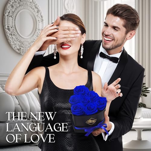 Image of GLAMOUR BOUTIQUE 7 Flower Forever Heart Shape Box, Mothers Day Gift For Mom, Eternal Preserved Roses Gift for Her, Flowers bouquet, For Birthday, Anniversary, Girlfriend - Blue (Color-Treated)