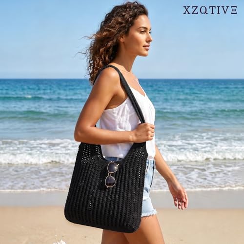Image of XZQTIVE Crochet Tote Bag for Women Mesh Beach bag for Summer Vacation Aesthetic Hobo Knit Shoulder Bag