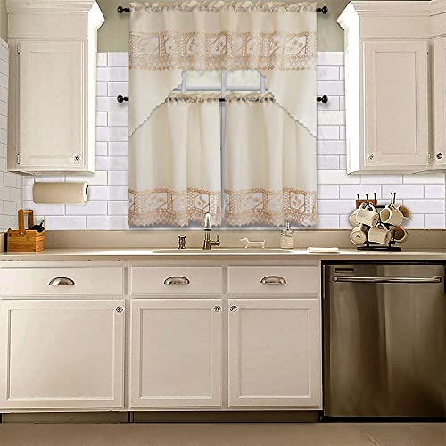All American Collection Modern Contemporary 3pc Embroidered Home Kitchen Window Treatment Curtain Set (Swag Valance, Beige Lace) - Thumbnail 4