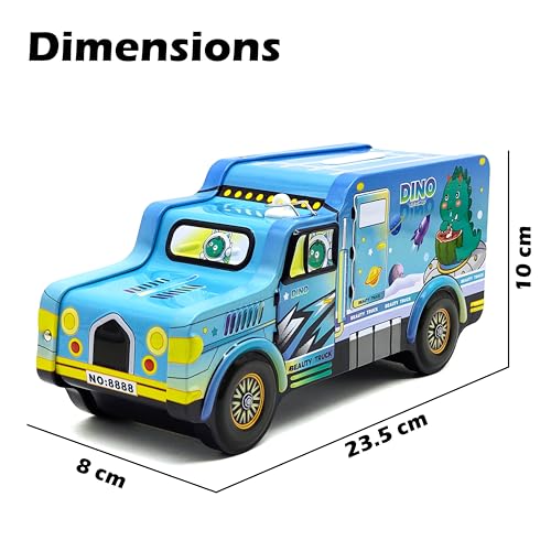 Image of VGRASSP Dinosaur Theme Metal Bus Piggy Bank Toy for Kids - Cute Money Safe with Lock and 2 Keys - Gullak Coin Box Gift for Boys and Girls - Color As Per Stock