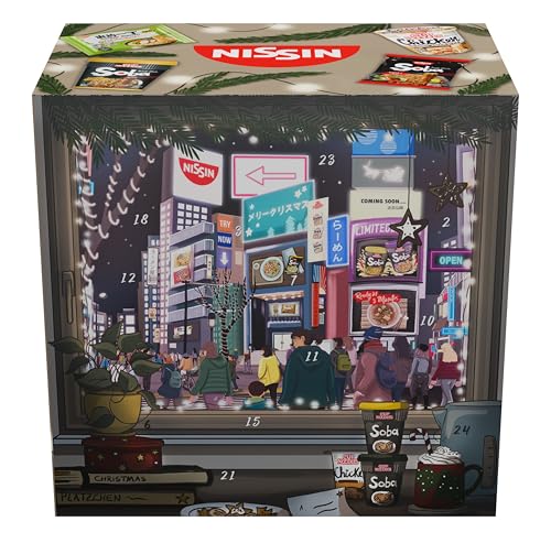 Nissin Adventskalender 24 Sorten Instant-Nudeln asiatische Nudeln im Wok- & Ramen-Style verschiedene Geschmacksrichtungen wie Yakitori Chicken Pad Thai Sweet & Sour oder Spicy Beef 1 x 2.142 2 g
