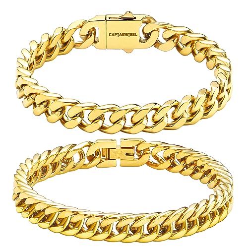 CaptainSteeL 2Pcs Cuban Link Chain Bracelet Set - Stainless Steel Bracelet, Gold Plating, Fashion Jewelry for Men, Women, Boyfriend, Lover, 7.5/8.3/9 Inches