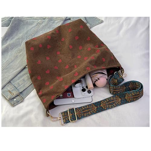 Corduroy Tote Bag Cute Boho Lightweight Crossbody Shoulder Purse with Wide Boho Strap Alt Trendy Strawberry Corduroy Tote Bag3