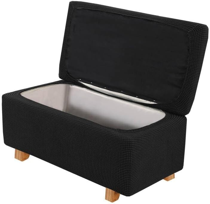 LINGKY 2 Piece Stretch Ottoman Cover Folding Storage Stool Cover Rectangle Foot Rest Slipcover with Elastic Bottom, Checks Spandex Jacquard Fabric (Black,Large)