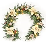 SHareconn 6FT Prelit Christmas Garland with Multi-Color LED Lights, Battery-Operated Timer, Includes Flower Ball & Poinsettia for Table Mantle Fireplace Indoor Outdoor Xmas Decor, Champagne Gold, 6 FT