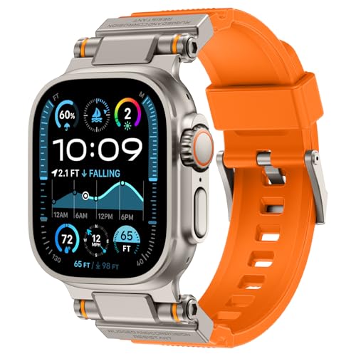 Image of FOAMUNOC Rugged Band Compatible with Apple Watch Ultra 3 /2 /1 Band 49mm /46mm /45mm /44mm /42mm, Metal Connector with Strap for iWatch Ultra Series 11 /10 /9 /8 /7 /6 /SE3 /SE2 /SE /5 /4 /3 /2 /1, Orange /Titanium