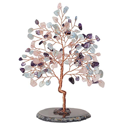 CrystalTears Crystal Gemstone Tree Amethyst Rose Quartz Aquamarine Crystal Money Tree Feng Shui Crystal Bonsai Tree for Good Luck Home Decoration 5.5"-6.3"