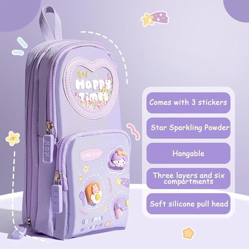 Image of AlokikPlastic Kawaii Pencil Case 3 Compartment Cute Pencil Case Aesthetic for Girls Large Capacity Pen Pencil Pouch Multifunctional Stationery Organizer for School Office (Happy Time - Purple)