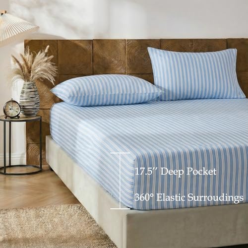 Image of Merryword Blue and White Striped Sheet Set King Size, 100% Cotton Fitted Sheet Set with Deep Pockets, Crisp Cool Feeling, Ribbon Stripes Design, 4-Piece All Season Bedding