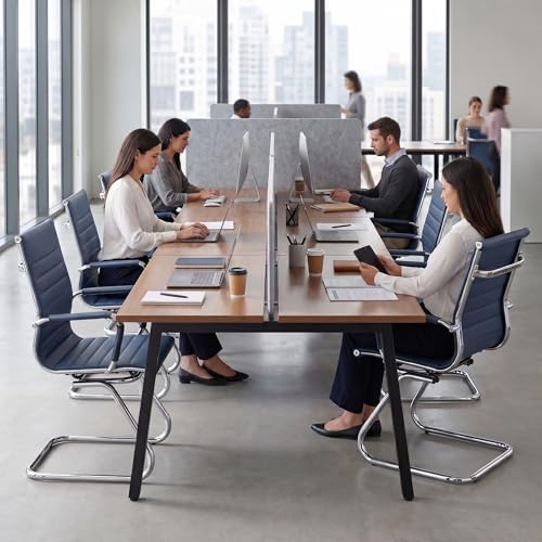 Image of HNY Leather Office Guest Chairs & Reception Chairs Set of 6, Modern Waiting Room Chairs with Arms, Desk Chair no Wheels with Sled Base for Waiting Room /Conference Room, Navy