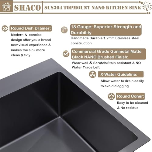 Image of SHACO 25x22 Black Drop In Kitchen Sink, 25 Inch Gunmetal Black Topmount Single Bowl 16 Gauge Stainless Steel Sink for Bar Prep RV Laundry Utility Small Kitchen