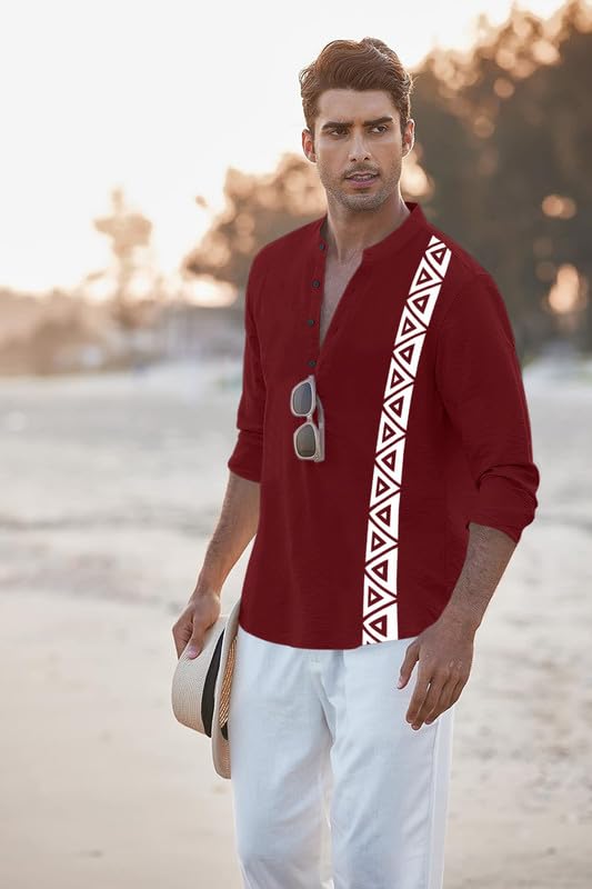 Image of FINIVO FASHION Men's Short Kurta with Printed Geometric Side Panel | Cotton Blend Full Sleeve Ethnic Topwear with Mandarin Collar | Stylish Indo-Fusion Kurta for Daily, Festive, or Casual Wear