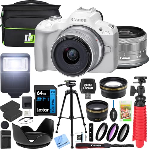 Image of Canon EOS R50 Mirrorless Camera (White) with RF-S 18-45mm F4.5-6.3 is STM Lens 5812C012 Bundle with Deco Gear Photography Bag + 2 Battery +Tripod + Filters + Wide Angle & Telephoto Lenses & More