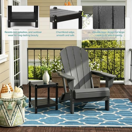 Image of Heavy Duty Outdoor Side Table with Shelf - All-Weather HDPE End Table with Realistic Wood Grain, 20 inch Height for Patio & Deck (Gray)