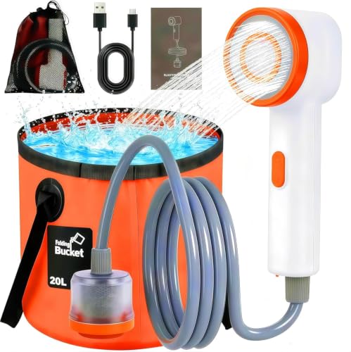 Cabezal de ducha portátil recargable con filtro y bomba de agua integrada, ducha portátil para camping con cubo plegable y luz LED para lavado de autos, baño de mascotas y viaje al aire libre