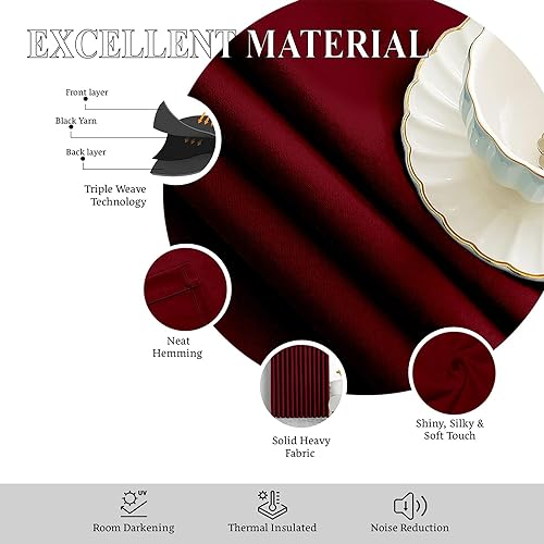 Image of Triple Pinch Pleated Blackout Curtains Thermal Insulated Room Darkening Curtains for Bedroom /Livingroom Pack of 2 Panels, Tiebacks, Hooks (Burgundy)