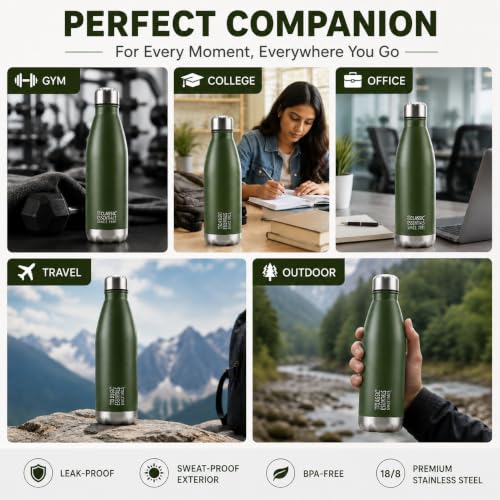 Image of Classic Essentials Insulated Double Wall Stainless Steel Water Bottle 1000 ML | 12 Hours Hot & 24 Hours Cold | Vacuum Insulated, Leakproof Bottle for Home, Office, Gym & Travel (Military Green)