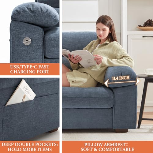 Image of Ihanherry 90.5 inch Modern Sofa 2-Seater Couch for Living Room, Chenille Pillow-Armrest with Extra Large Seat Width, USB /Type-C Charging Port & Side Pocket, Removable Medium Firm Cushion(Blue)