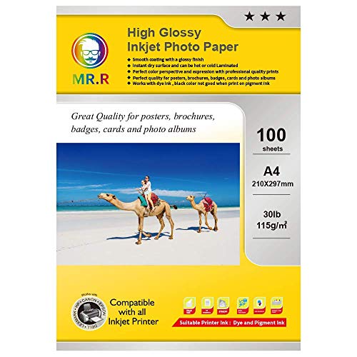 MR.R papier photo 100 feuilles Imprimante à jet d'encre brillant A4 Papier photo 115g/m² Instant Dry Imperméable Feuilles photo blanc brillant
