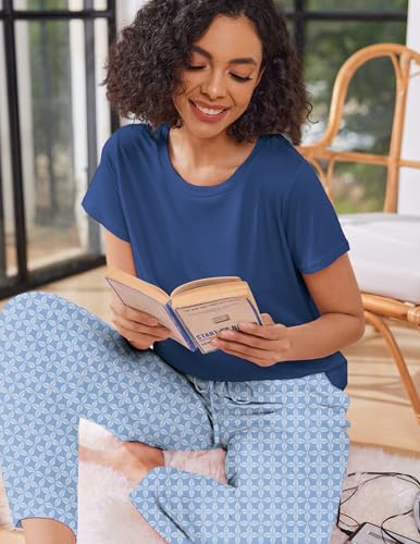 Image of Ekouaer Pajama Sets for Women Round Neck Pjs Short Sleeve Sleepwear with Long Pants Loose Lounge Sets
